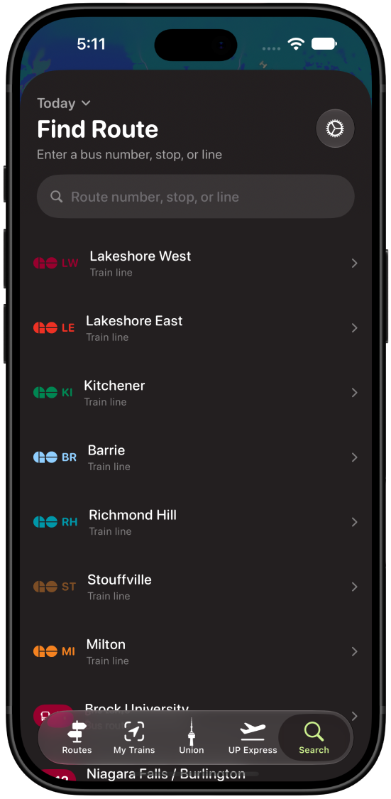 Find Route screen listing GO train lines and bus routes, dark mode
