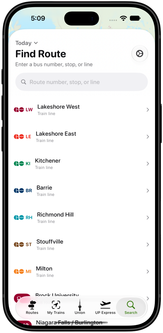 Find Route screen listing GO train lines and bus routes