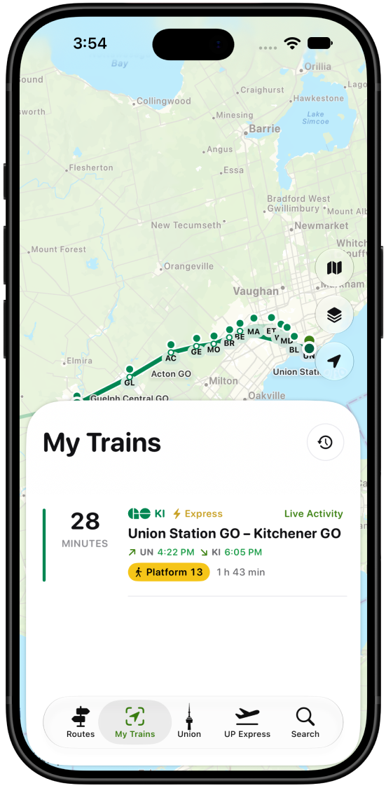 My Trains screen with live map tracking