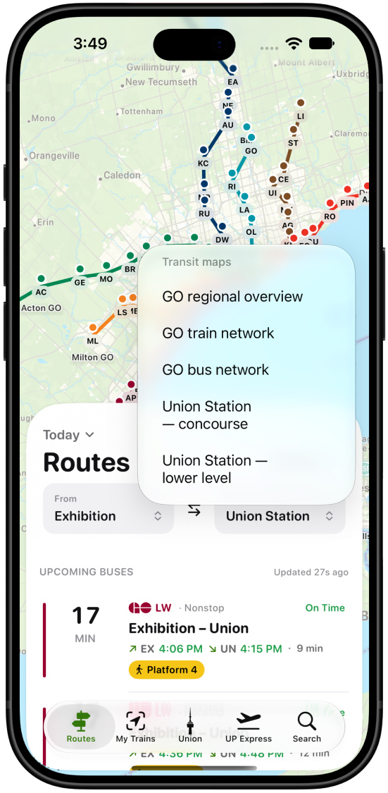 Transit maps menu open over the network map