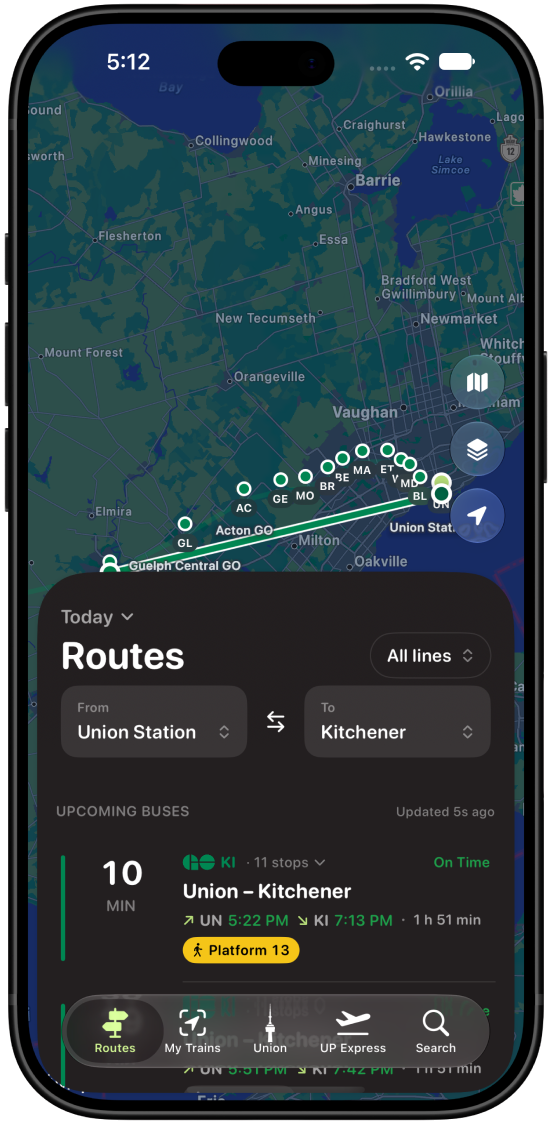 Union to Kitchener route over the GO network map, dark mode