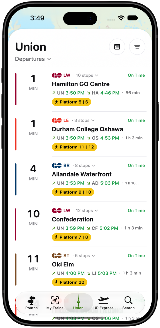 Union departures board with live platform assignments, light mode